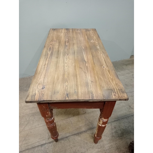 593 - Irish pine kitchen table on four turned legs. {H 71cm x W 114cm x D 57cm}.   NOT AVAILABLE TO VIEW I... 