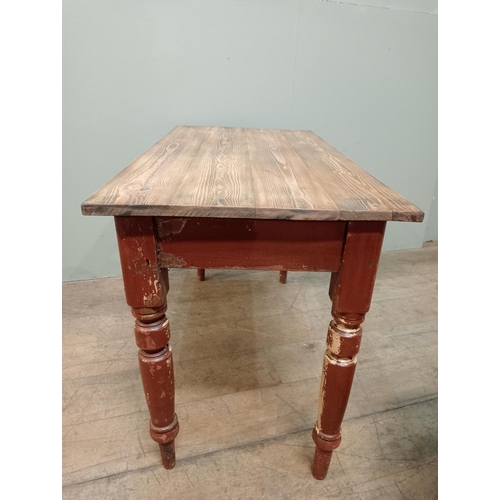 593 - Irish pine kitchen table on four turned legs. {H 71cm x W 114cm x D 57cm}.   NOT AVAILABLE TO VIEW I... 