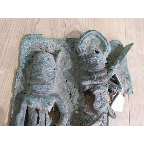 60 - African Benin bronze shrine depicting two warriors. {38 cm H x 30 cm W x 7 cm D].