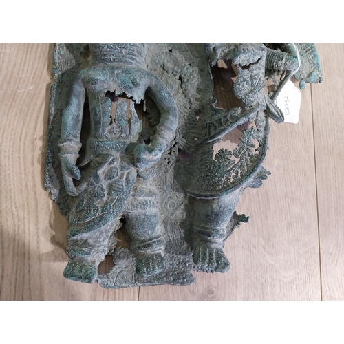 60 - African Benin bronze shrine depicting two warriors. {38 cm H x 30 cm W x 7 cm D].