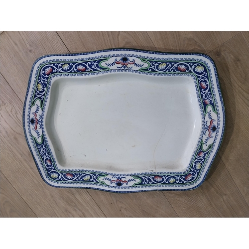 600 - Early 20th C. Lotus design ceramic meat platter with damage. {51 cm H x 38 cm W].