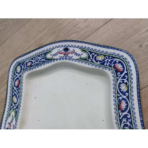 600 - Early 20th C. Lotus design ceramic meat platter with damage. {51 cm H x 38 cm W].