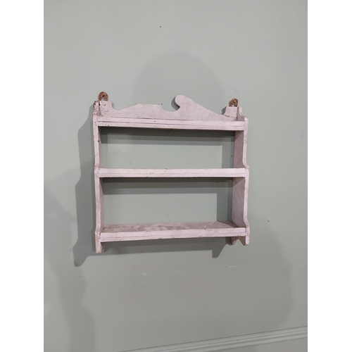 61 - Early 20th C. Irish painted pine hanging wall shelf. [37 cm H x 36 cm W x 9 cm D}.