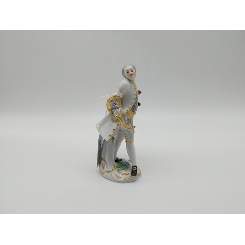 621 - 20th. C. Meissen Figure  - Cavalier. Young man standing on a scroll base with gilt highlights with h... 