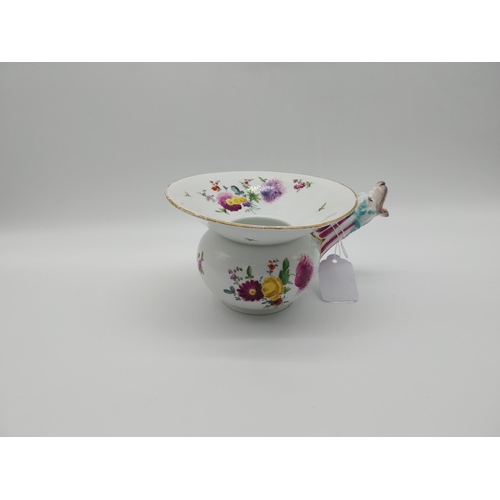 623 - Early 19th C. Meissen spittoon with fantastic beast spout, golded rim and bowl decorated with hand p... 