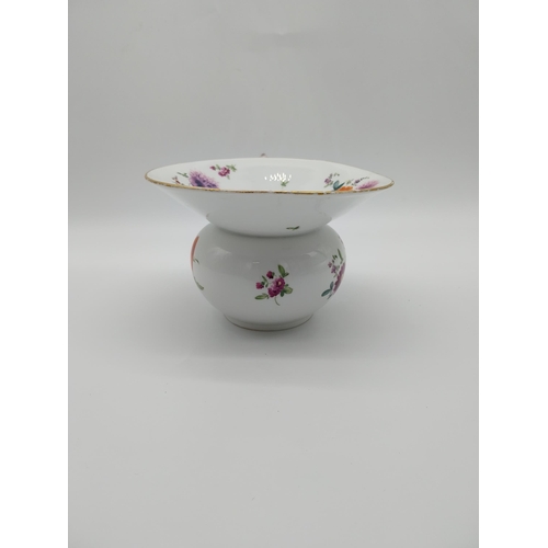 623 - Early 19th C. Meissen spittoon with fantastic beast spout, golded rim and bowl decorated with hand p... 