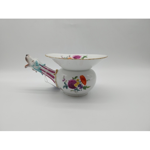 623 - Early 19th C. Meissen spittoon with fantastic beast spout, golded rim and bowl decorated with hand p... 