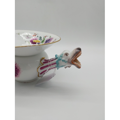 623 - Early 19th C. Meissen spittoon with fantastic beast spout, golded rim and bowl decorated with hand p... 