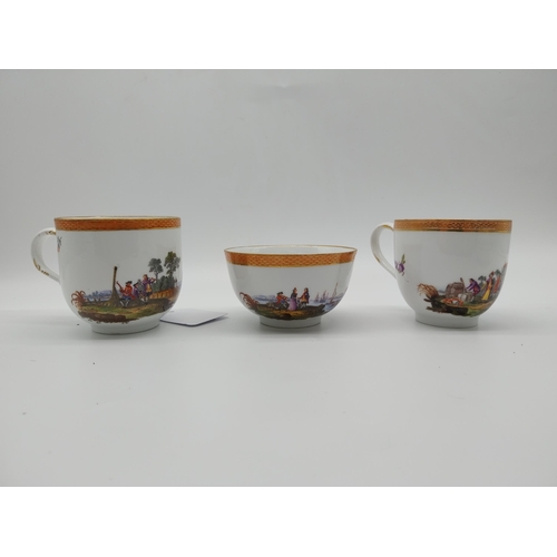 629 - Pair of early 19th C. Meissen Chocolate cups and saucers decorated with elaborate gilt borders, rura... 