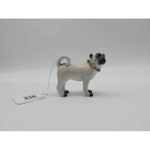 630 - 20th C. Meissen right facing standing model of Pug / Mops dog with bells on collar. Underglazed with... 