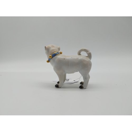 630 - 20th C. Meissen right facing standing model of Pug / Mops dog with bells on collar. Underglazed with... 