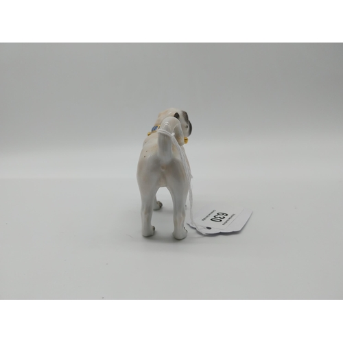 630 - 20th C. Meissen right facing standing model of Pug / Mops dog with bells on collar. Underglazed with... 