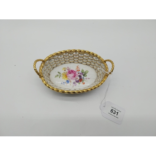 631 - 19th C. Meissen braided porcelain basket with gilt edging and two handles decorated with hand painte... 