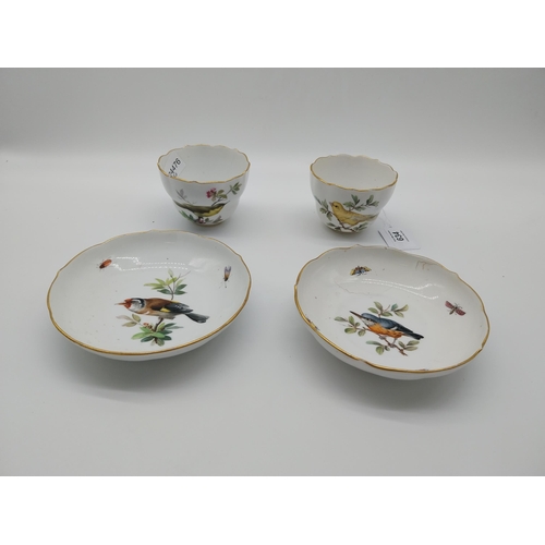 634 - Pair of 19th C. Cups and saucers decorated with Birds and Butterflies. Underglazed with blue crossed... 