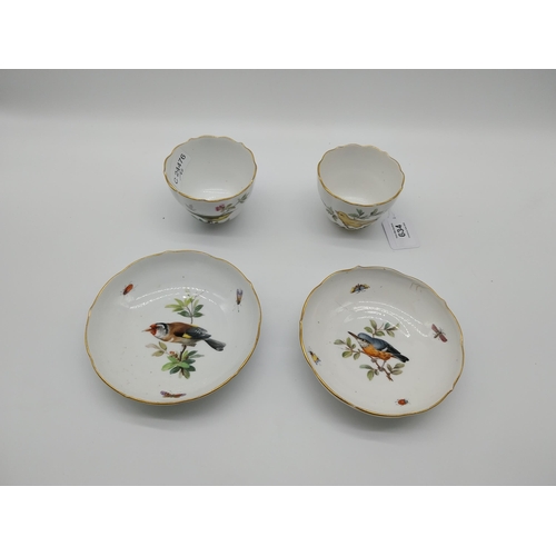 634 - Pair of 19th C. Cups and saucers decorated with Birds and Butterflies. Underglazed with blue crossed... 