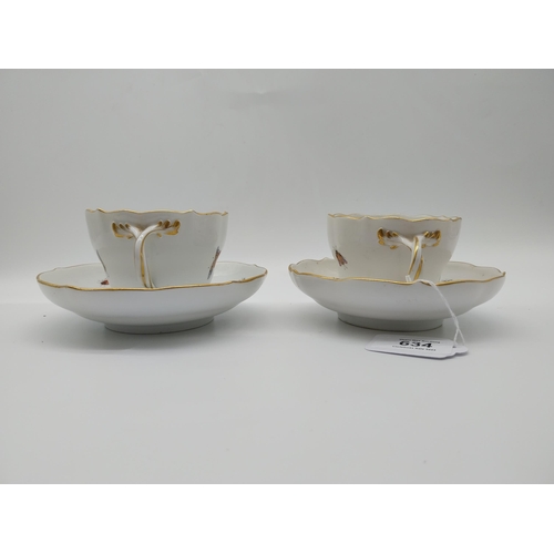 634 - Pair of 19th C. Cups and saucers decorated with Birds and Butterflies. Underglazed with blue crossed... 