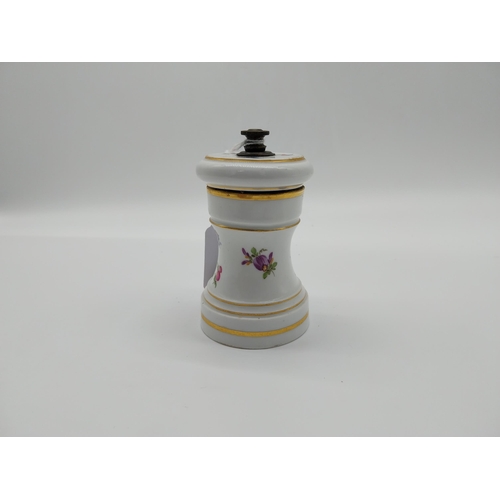 637 - 19th C. Meissen pepper mill with hand painted floral decoration and gilt banding. Underglazed with b... 