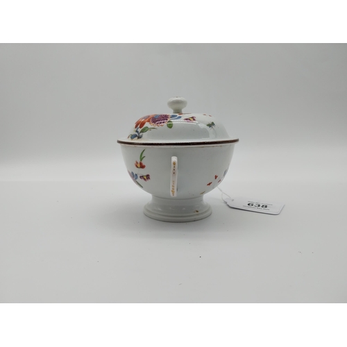 638 - 19th C. Meissen lidded sugar bowl decorated with hand painted flowers and gilt banding. Underglazed ... 