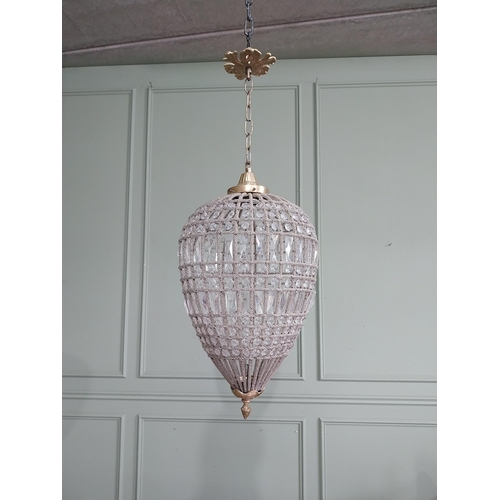 64 - French brass and cut crystal tear drop chandelier. {80 cm H x 29 cm Dia.}.