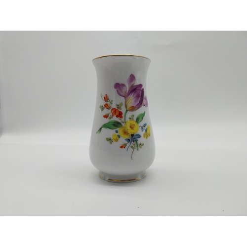 641 - 20th C.  Meissen vase decorated with hand painted flowers and gilded rim. {10.5 cm H x 5.5 cm Dia} a... 