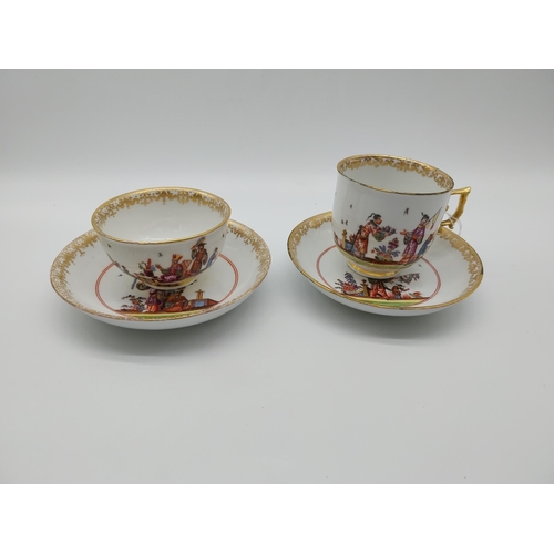 644 - 19th C. Meissen coffee cup {4.5 cm H x 8 cm Dia} and saucer and tea cup and saucer {13.5 cm Dia} dec... 