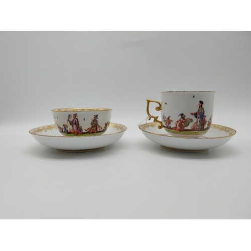 644 - 19th C. Meissen coffee cup {4.5 cm H x 8 cm Dia} and saucer and tea cup and saucer {13.5 cm Dia} dec... 