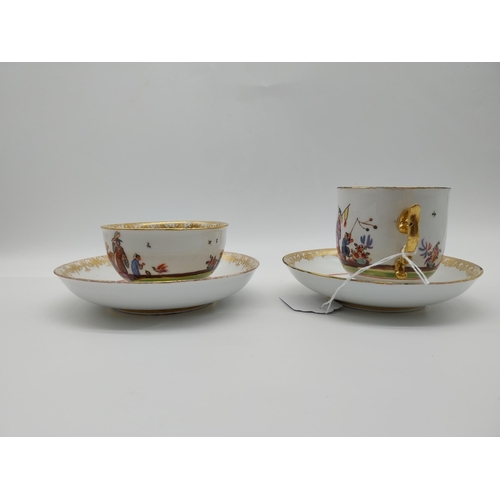 644 - 19th C. Meissen coffee cup {4.5 cm H x 8 cm Dia} and saucer and tea cup and saucer {13.5 cm Dia} dec... 