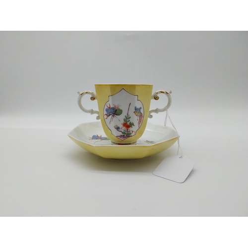 645 - 20th C. Meissen two handled yellow ground cup {8 cm H x 6.5 cm Dia.}  and saucer {13.5 cm Dia.} deco... 