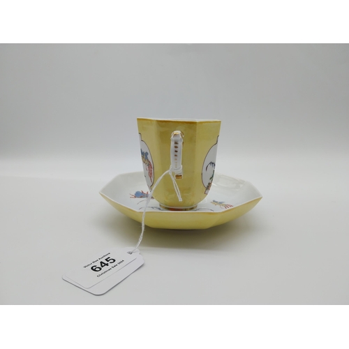 645 - 20th C. Meissen two handled yellow ground cup {8 cm H x 6.5 cm Dia.}  and saucer {13.5 cm Dia.} deco... 