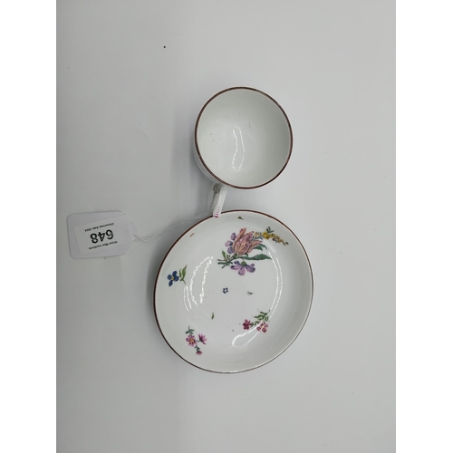 648 - 19th C. Meissen cup {5.5 cm H x 6.5 cm Dia.}  and saucer {12 cm Dia.} decorated with  hand painted f... 