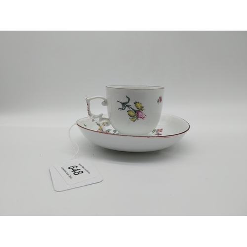 648 - 19th C. Meissen cup {5.5 cm H x 6.5 cm Dia.}  and saucer {12 cm Dia.} decorated with  hand painted f... 