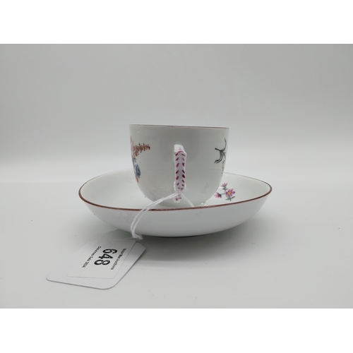 648 - 19th C. Meissen cup {5.5 cm H x 6.5 cm Dia.}  and saucer {12 cm Dia.} decorated with  hand painted f... 