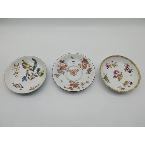 651 - Two 20th C. Meissen gilded dishes and another saucer decorated with hand painted  fruit and vegetabl... 