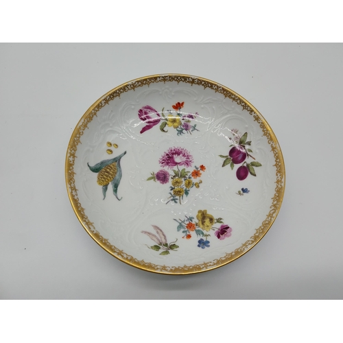 651 - Two 20th C. Meissen gilded dishes and another saucer decorated with hand painted  fruit and vegetabl... 