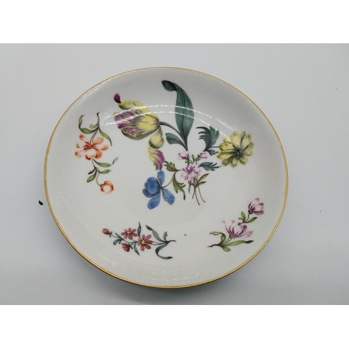 651 - Two 20th C. Meissen gilded dishes and another saucer decorated with hand painted  fruit and vegetabl... 