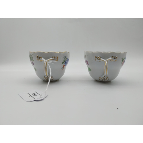 652 - Pair of 20th C. Meissen tea cups {7 cm H x 9 cm Dia}. Decorated with hand painted flowers with no. 0... 