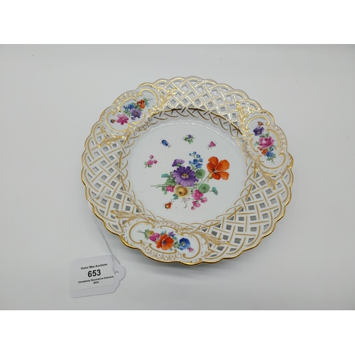 653 - 19th C. Meissen gilded breakthrough/ribbon plate the centre decorated with bouquet of flowers, butte... 