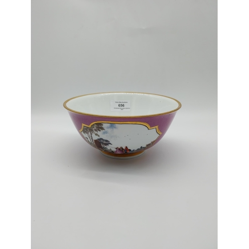 656 - 19th C. Meissen gilded puce ground bowl with cartouches decorated with rural scenes.  Underglazed wi... 