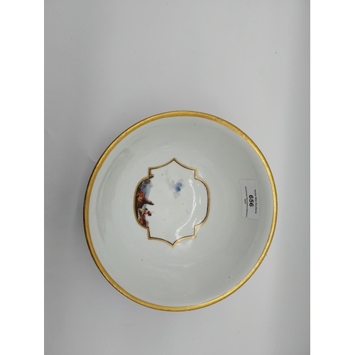 656 - 19th C. Meissen gilded puce ground bowl with cartouches decorated with rural scenes.  Underglazed wi... 