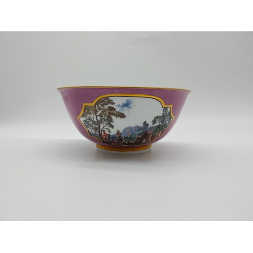 656 - 19th C. Meissen gilded puce ground bowl with cartouches decorated with rural scenes.  Underglazed wi... 