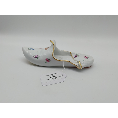 658 - 20th C. Meissen gilded slipper with hand painted floral decoration no 408 on base. Underglazed with ... 