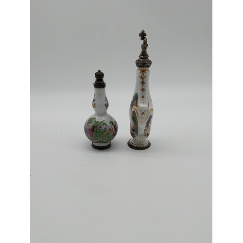 661 - Two 20th C.  Meissen gilded perfume bottles decorated with hand painted scenes. {12.5 cm H} and {9cm... 