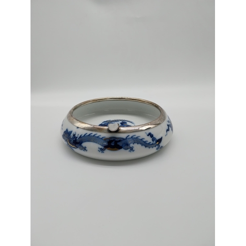 666 - Early 20th C. Meissen dragon design blue and white ashtray with silver rim with no. D243 with anothe... 