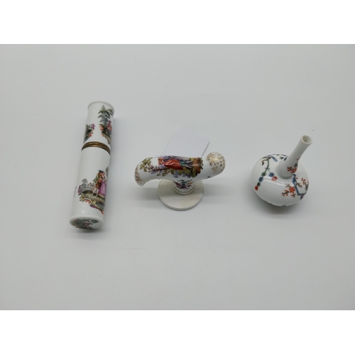 671 - Three pieces of unmarked hand painted Meissen including cane handle {4.5 cm H} vase {7 cm H} and hai... 