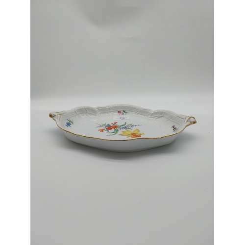 674 - 20th C. Meissen dish decorated with hand painted Scattered Flowers and gilded rim with no. 2218 and ... 