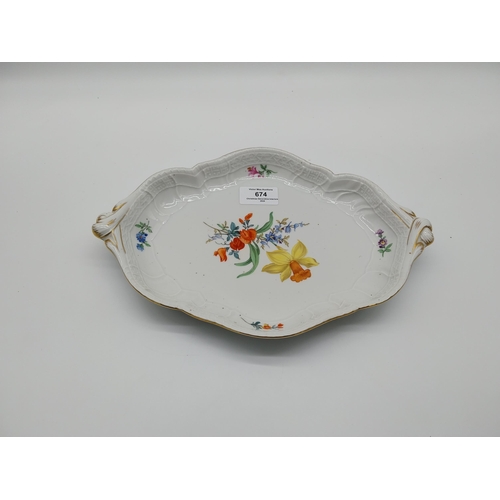 674 - 20th C. Meissen dish decorated with hand painted Scattered Flowers and gilded rim with no. 2218 and ... 