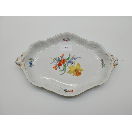 674 - 20th C. Meissen dish decorated with hand painted Scattered Flowers and gilded rim with no. 2218 and ... 