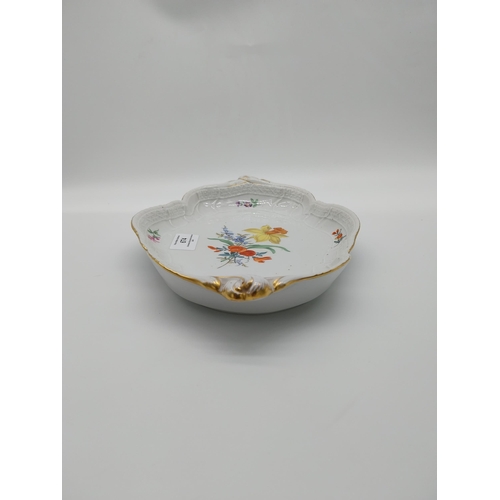 674 - 20th C. Meissen dish decorated with hand painted Scattered Flowers and gilded rim with no. 2218 and ... 