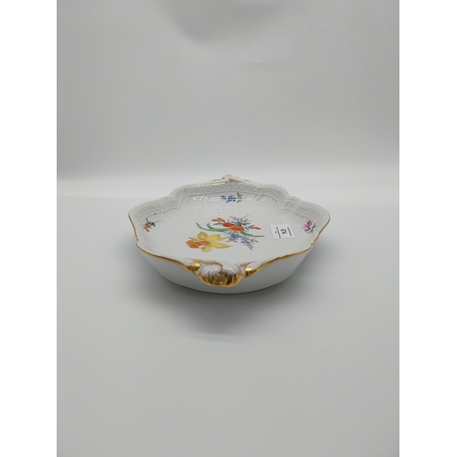 674 - 20th C. Meissen dish decorated with hand painted Scattered Flowers and gilded rim with no. 2218 and ... 