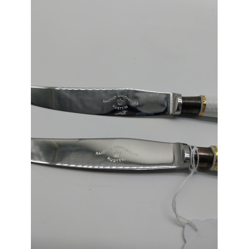 675 - Pair of 20th C. Unmarked Meissen Raadvad Knivfabriker Rustfri knives, the porcelain handles decorate... 